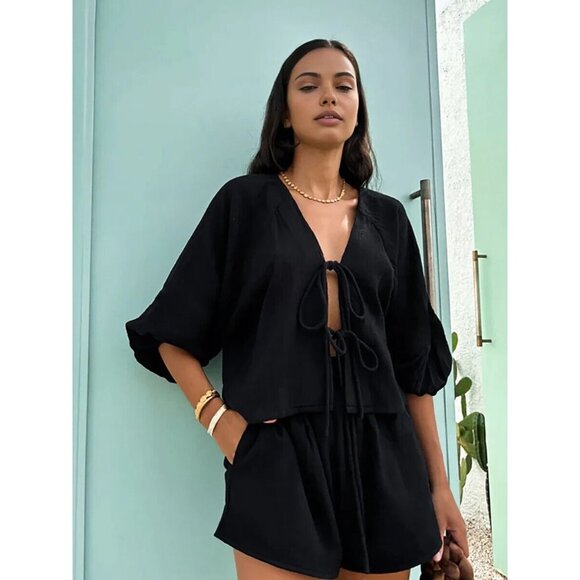 Commense Black Cotton Gauze Short Set Tie-Front Top Long Sleeve Sz M - Picture 2 of 6